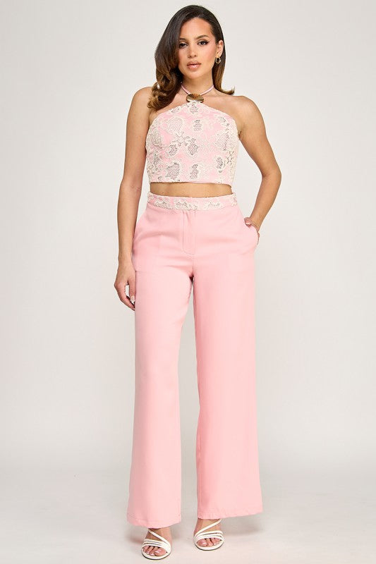 HALTER NECK CROCHET TOP PANTS SET
