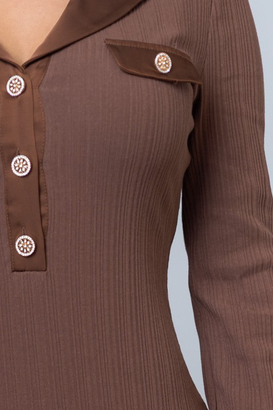 SATIN COLLAR PLEATED MIDI KNIT DRESS