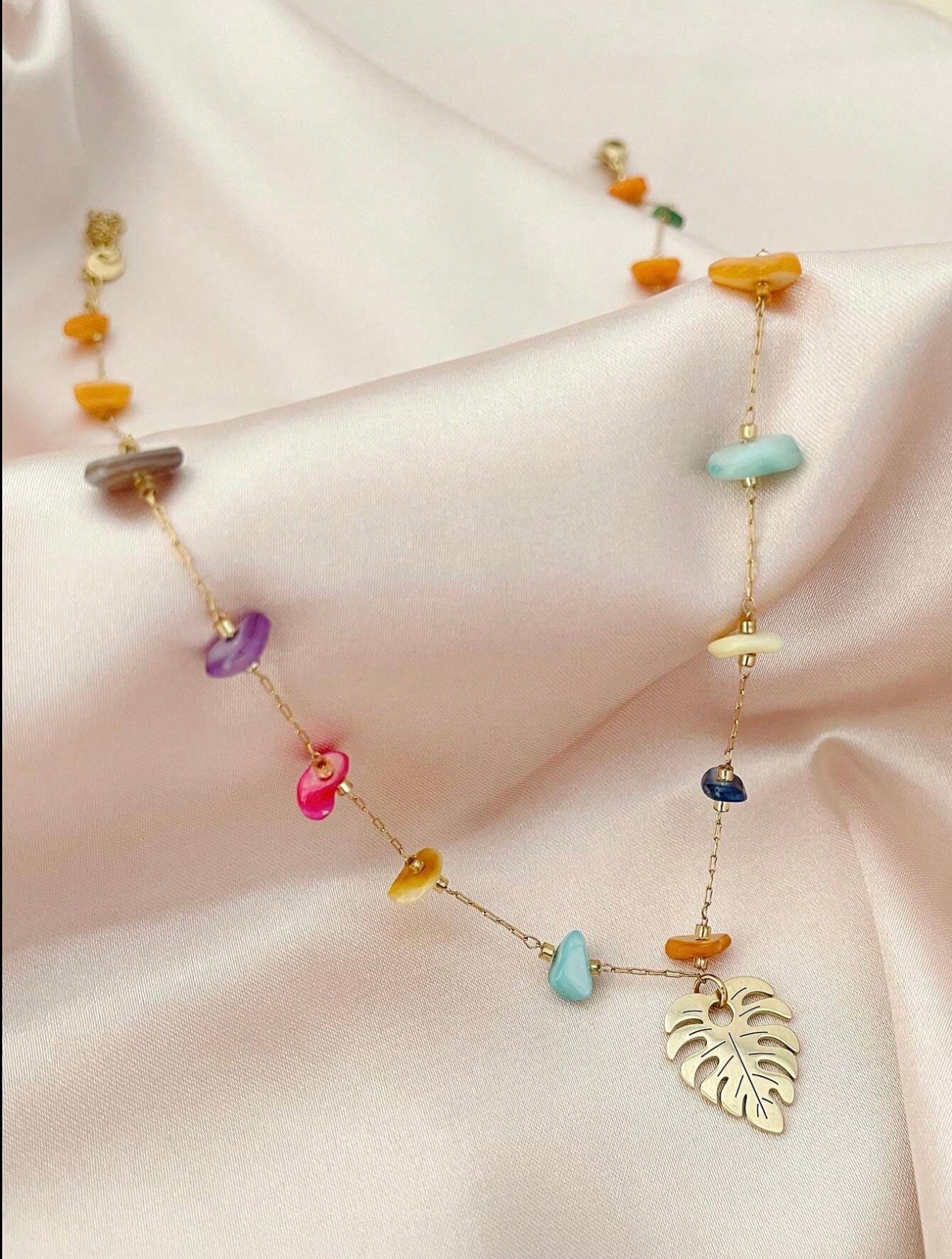 LEAF COLORFUL STONE STAINLESS STEEL NECKLACE