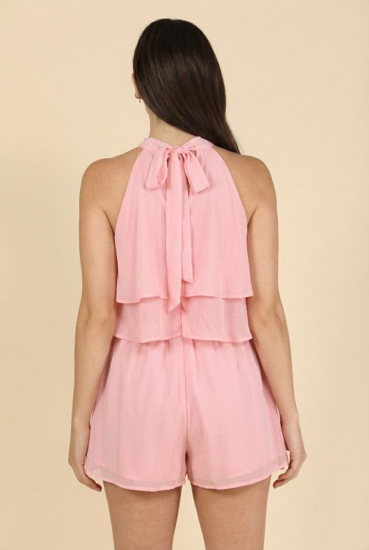 CHIFFON MOCK NECK LAYERED TIE BACK ROMPER
