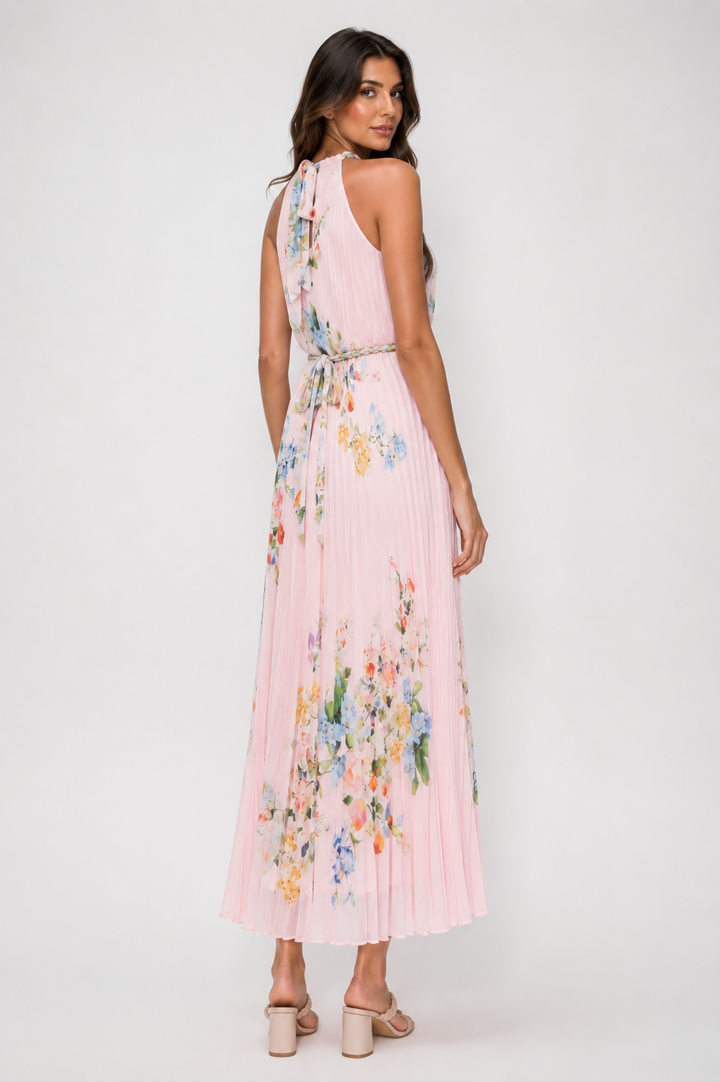 FLORAL PLEATED HALTER MAXI DRESS
