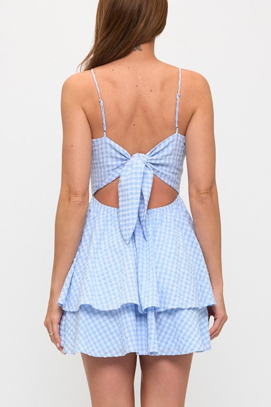 GINGHAM BOW BUST TIE BACK MINI DRESS