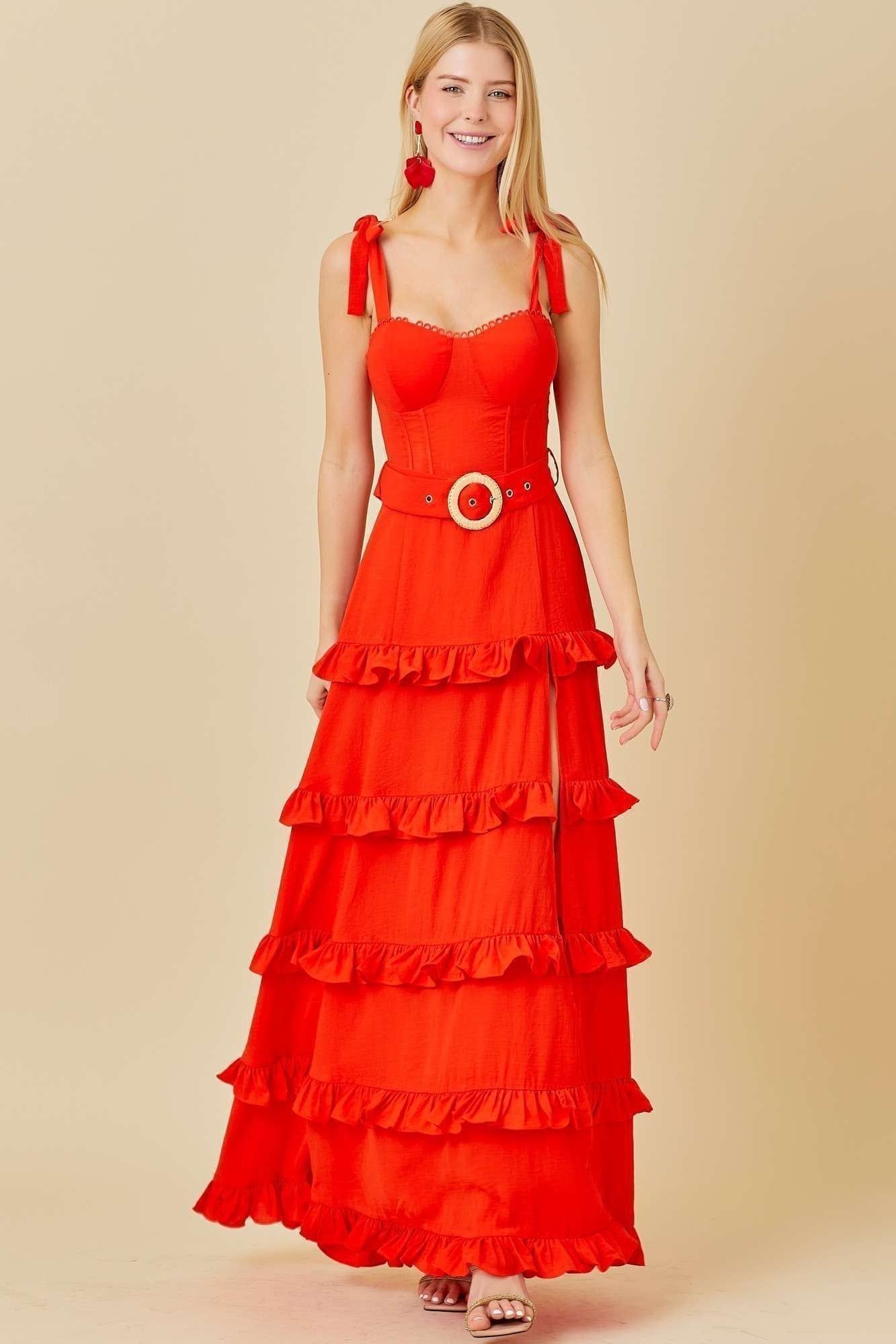 Summer Belt Ruffle Maxi Dress