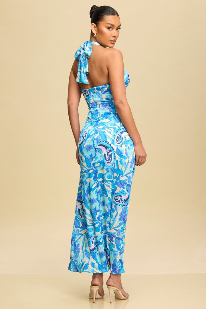 SILKY SATIN MIDI PRINTED DRESS