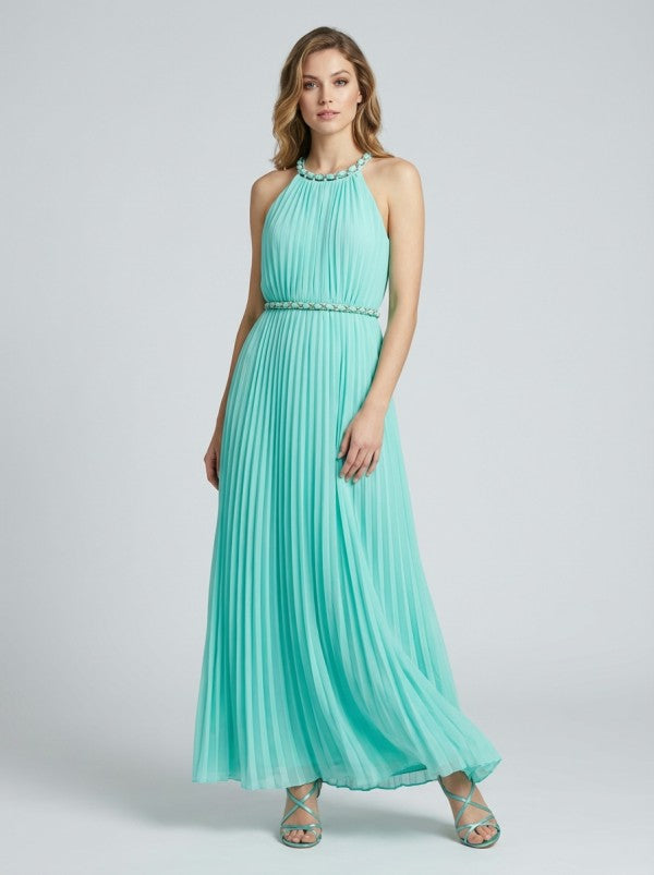 SOLID SLEEVELESS CHAIN HALTER NECK W CHAIN BELT PLEATED MAXI DRESS