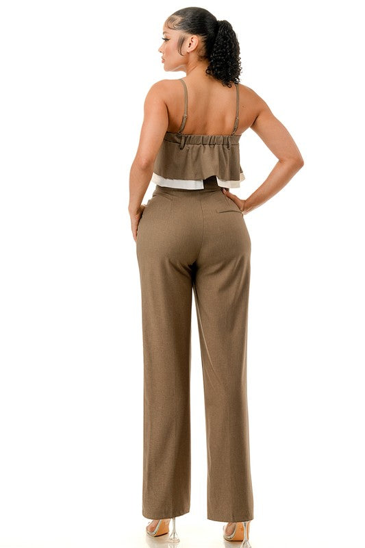 RUFFLE CROP TOP AND WIDE LEG PANTS SET