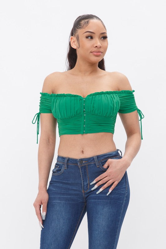 OFF SHOULDER MESH CROP TOP