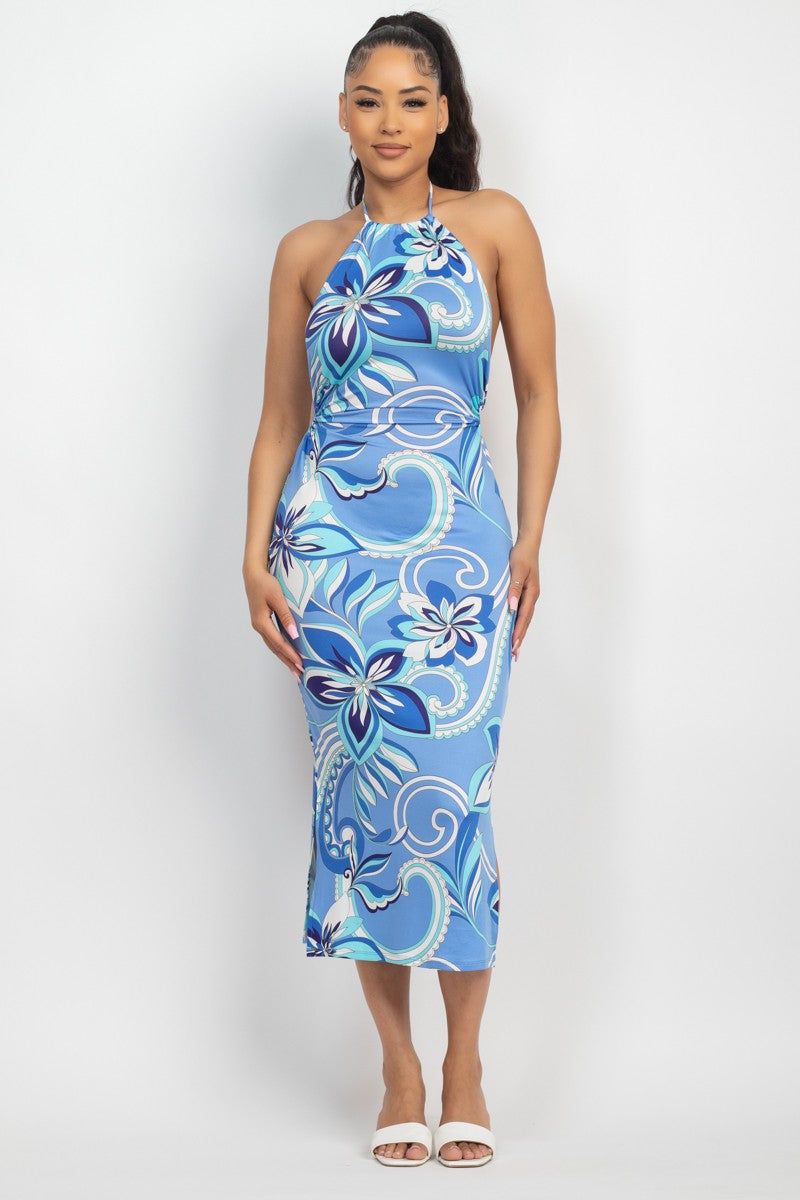 Halter Open-back Floral Slit Dress