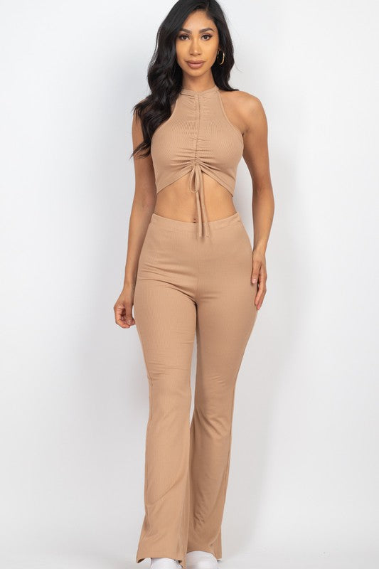 Strap Rushed Crop Ribbed Top & Bootcut Set
