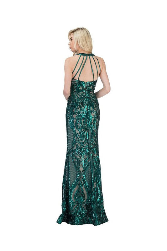 V NECK FLOOR LENGTH COCKTAIL DRESS WITH SEQUINS