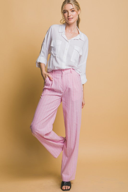 STRAIGHT LEG STRIPE LINEN PANTS