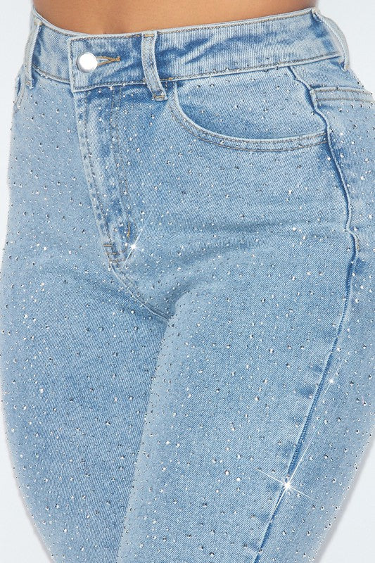 SPARKS RHINESTONE DISTRESSED HIGH RISE DENIM