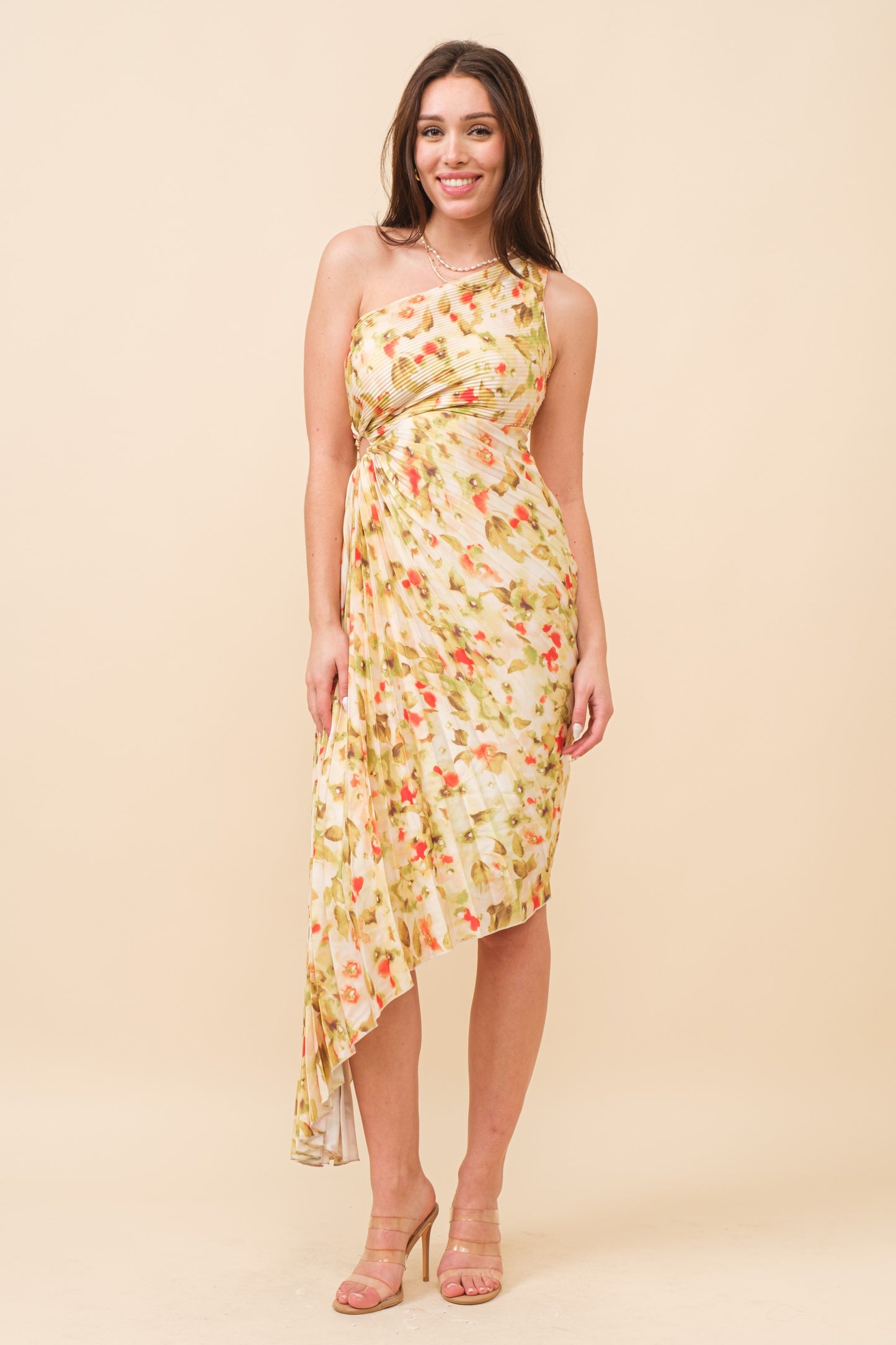 SATIN FLORAL PLEATED ASYMMETRICAL DRESS