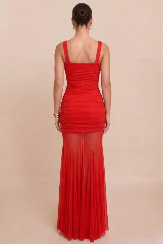 GATHERED MESH MAXI PARTY DRESS