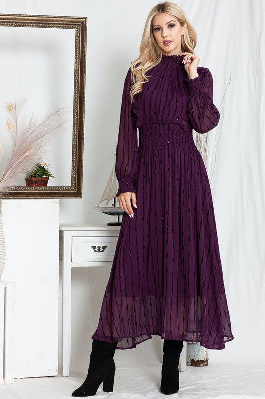 RUFFLE TRIM LONG SLEEVE MAXI DRESS