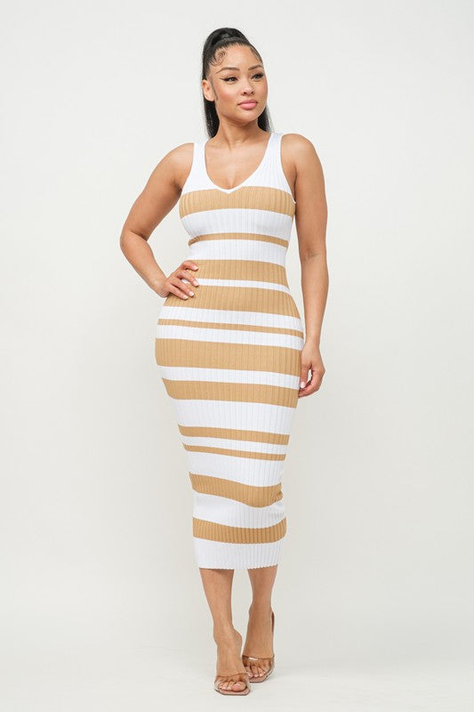 SLEEVELESS STRIPED V-NECK knit MIDI DRESS