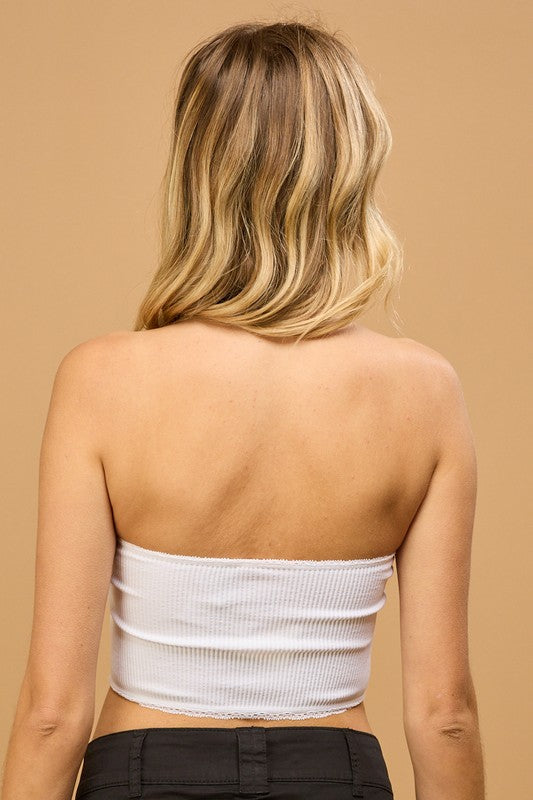 RIBBED LACE TRIM DETAIL STRAPLESS TUBE TOP