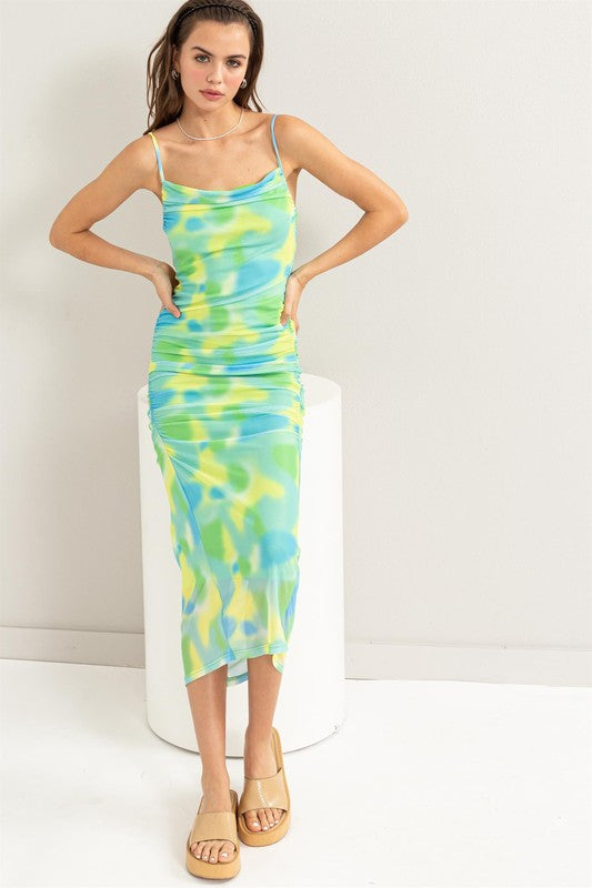 mesh tie dye dress MESH TIE-DYE RUCHED DRESS – Bella Chica