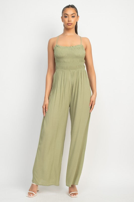 RUFFLE CUT-OUT SMOCKED JUMPSUIT