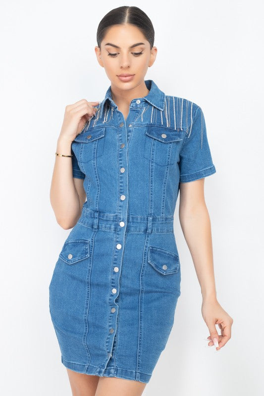 DENIM JEWEL MINI DRESS  Bella Chica