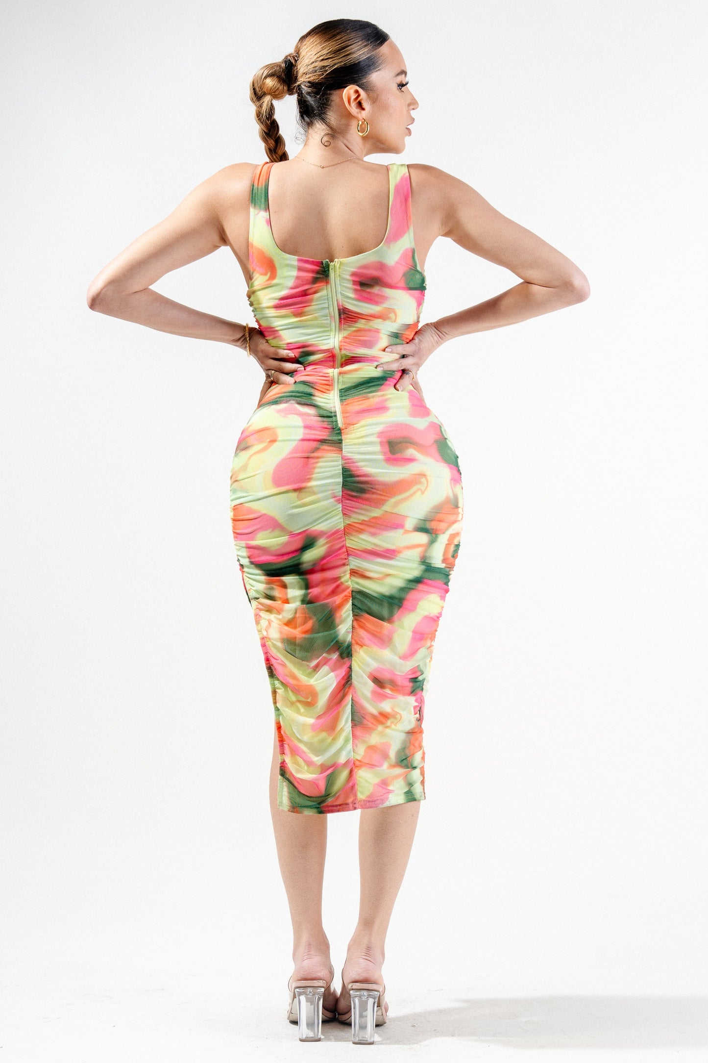 Multi Colors Marbles Print Mesh Midi Dress