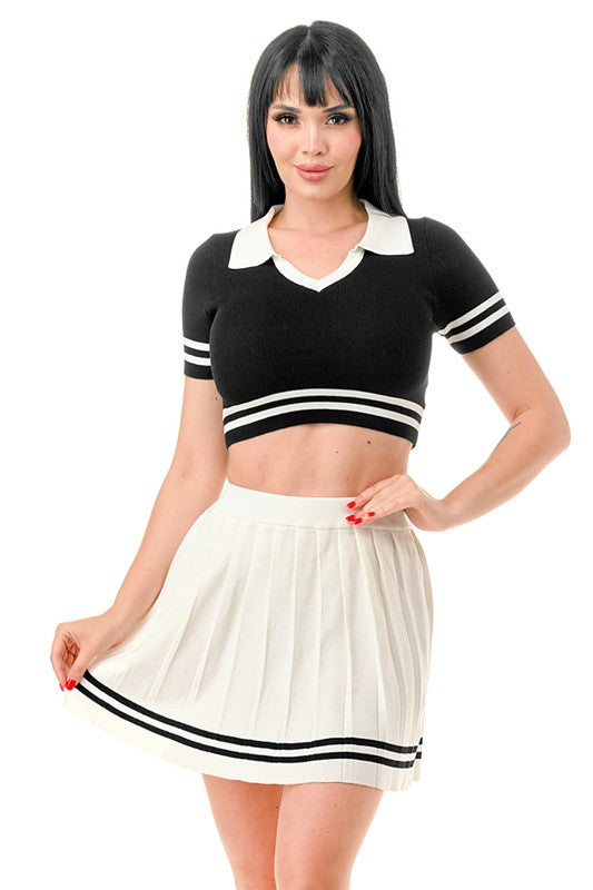 V Neck Crop Top and Mini Tennis Skirt Set