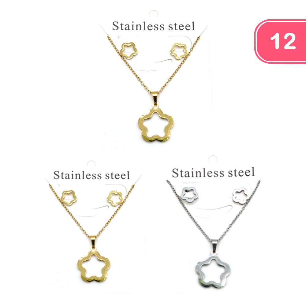 STAINLESS STEEL FLOWER PENDANT NECKLACE EARRING SET