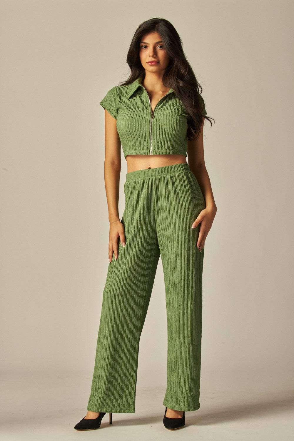 Crinkled Plisse Zip Up Loungewear Set