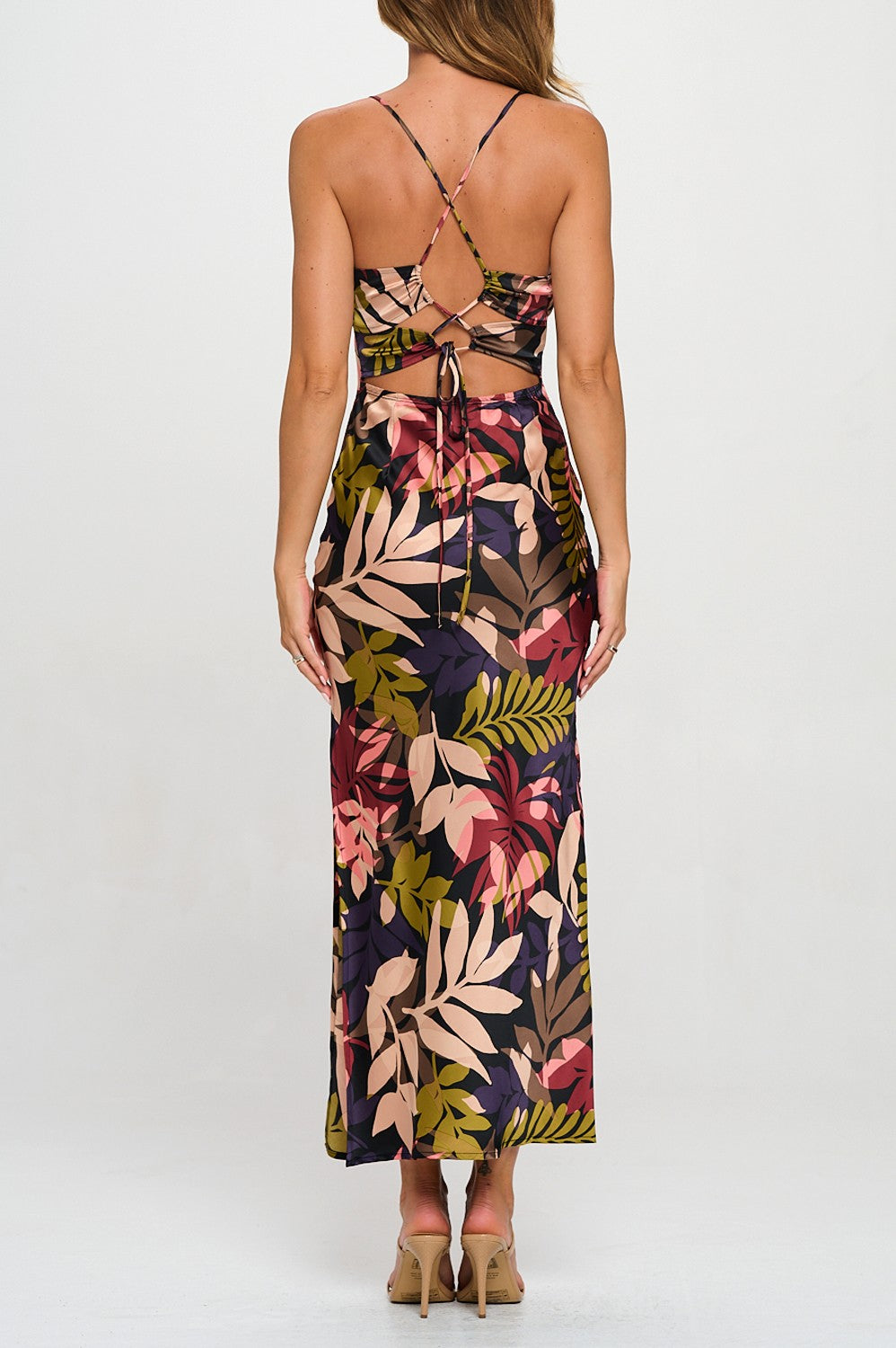 Floral Cowl Neck Back Drawstring Maxi Dress
