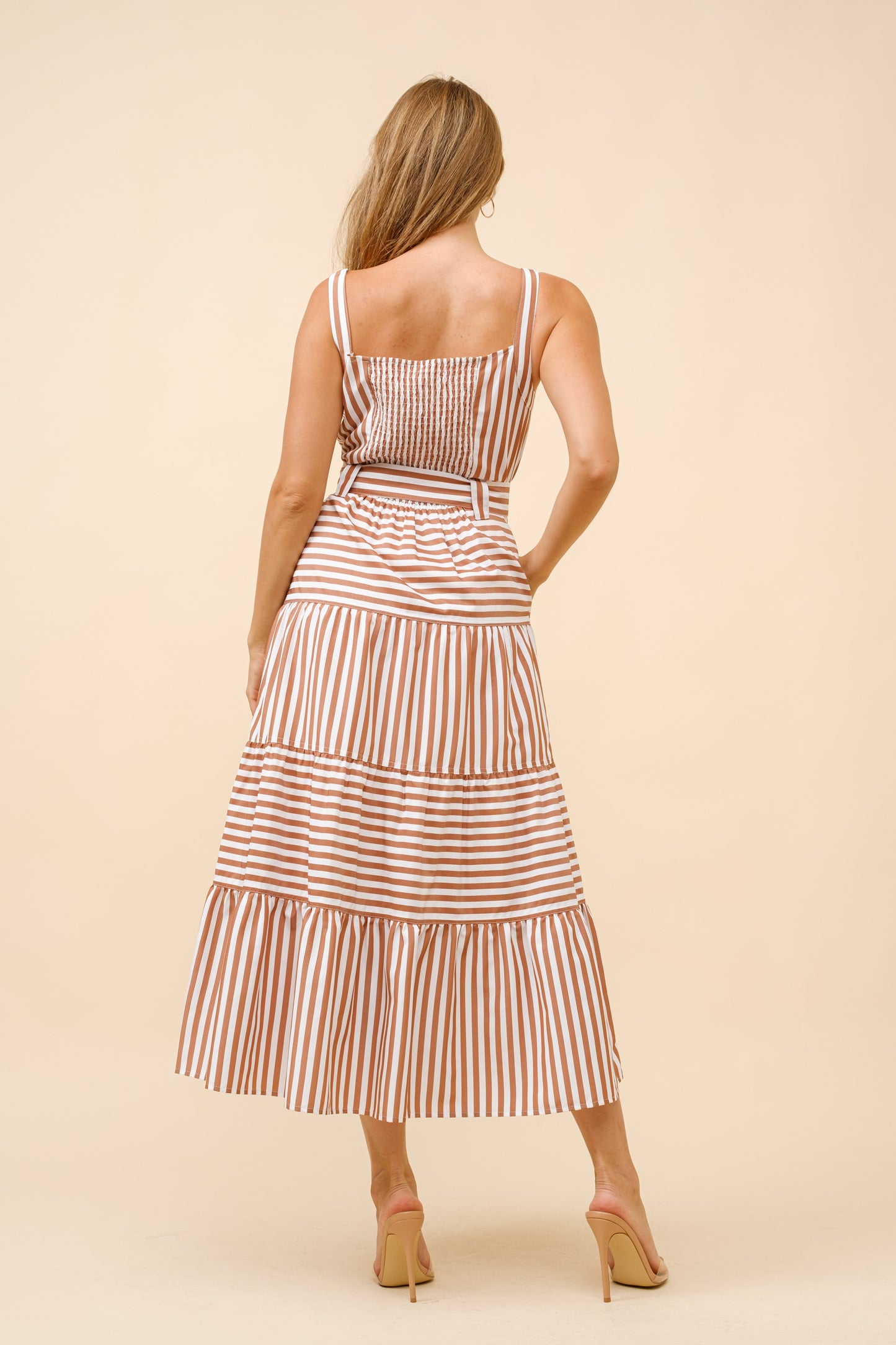 STRIPED SQUARE NECK TIERED MIDI DRESS