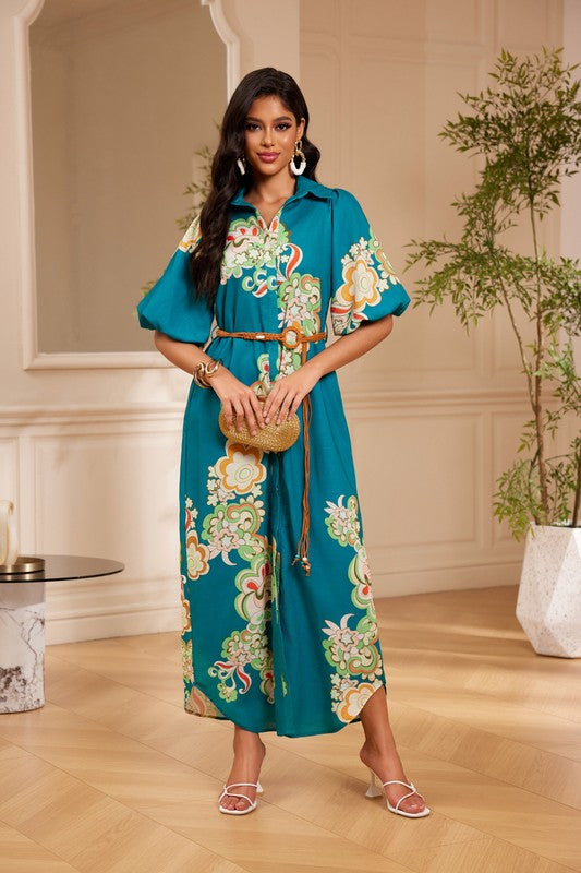 PRINTED MIDI DRESS WITH BALLOON SLEEVES