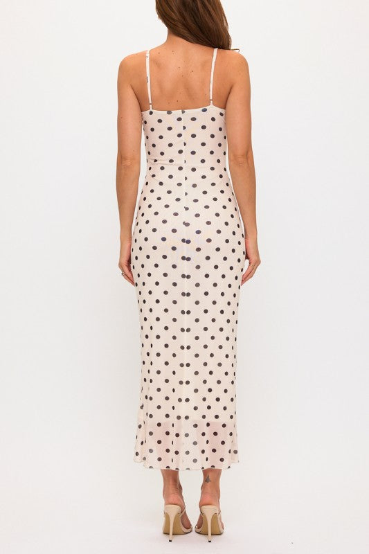POLKA DOT PLEATED BUST MAXI SUMMER DRESS WITH SLIT