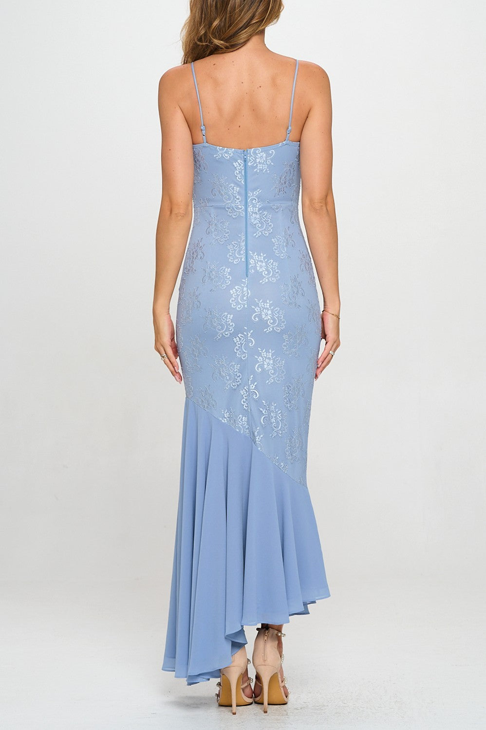 LACE RUCHED RUFFLE MAXI PARTY DRESS