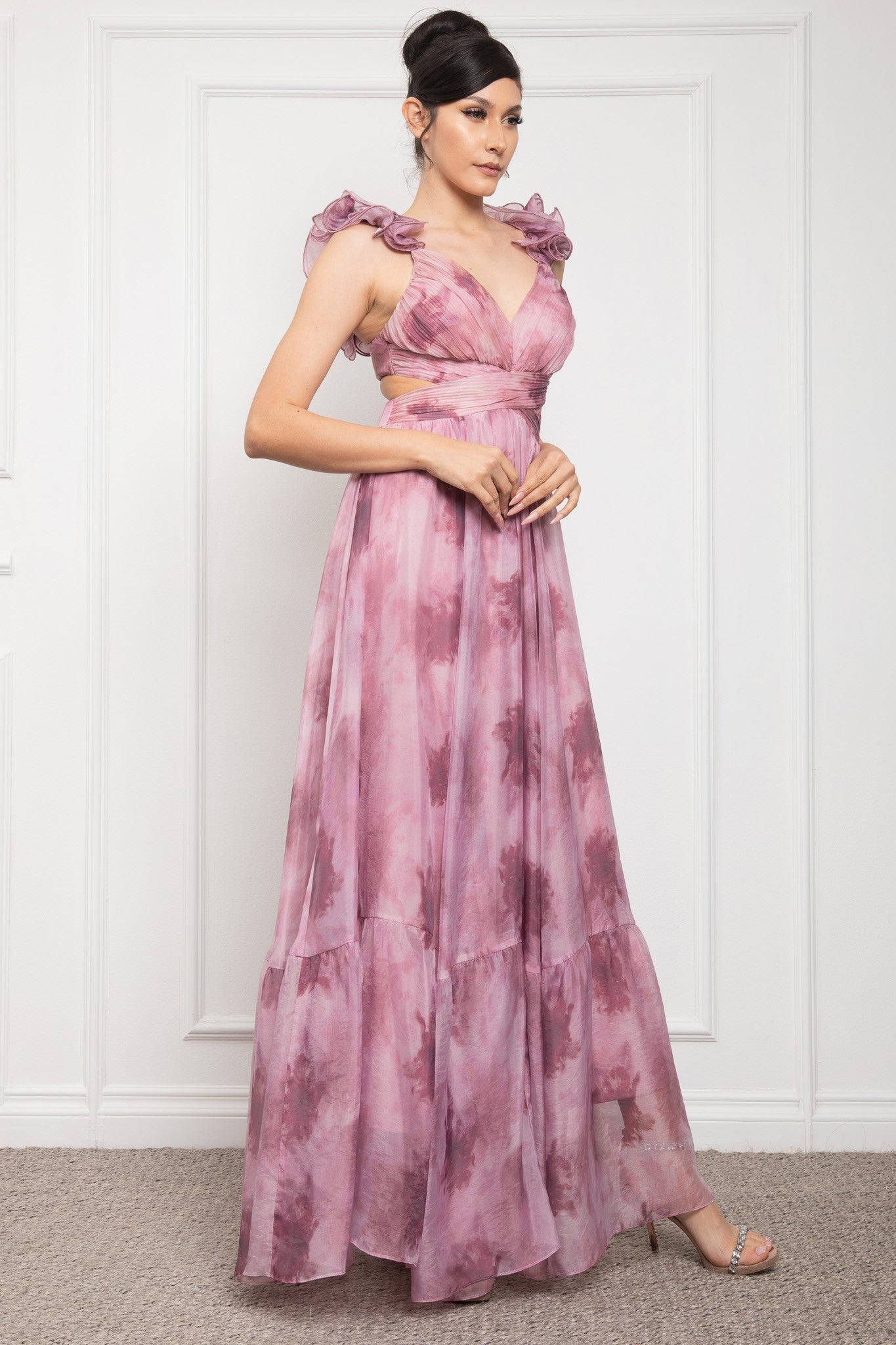 Open Side Ruffle Shoulder Sleeveless Maxi Dress