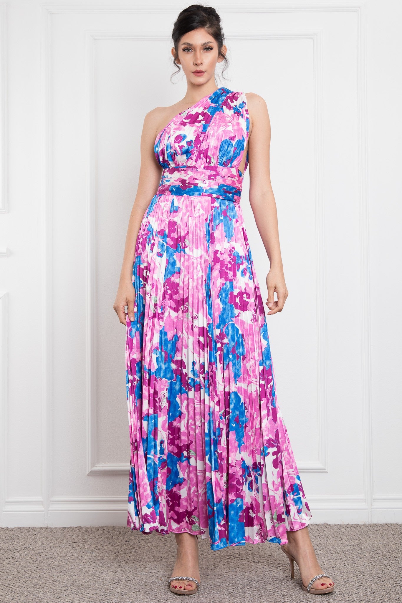 ONE SHOULDER PLEATED SIDE ZIP UP MAXI DRESS