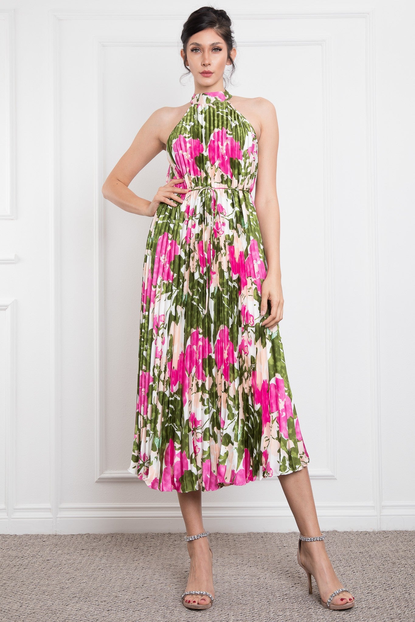 Pleated Halter Neck Printed Satin Midi Dress RVD5870 – Bella Chica