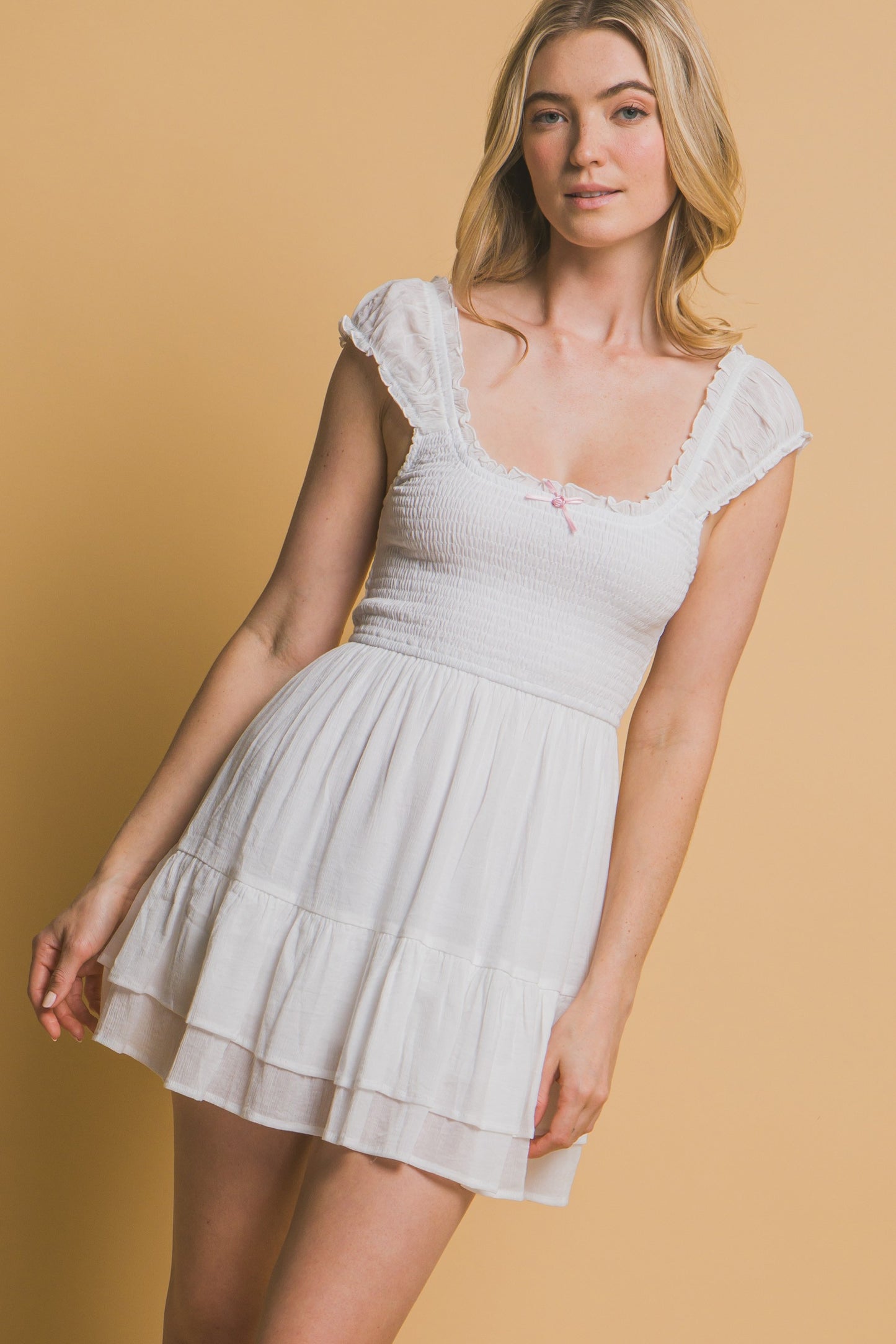 Smocked Short Sleeve Mini Dress