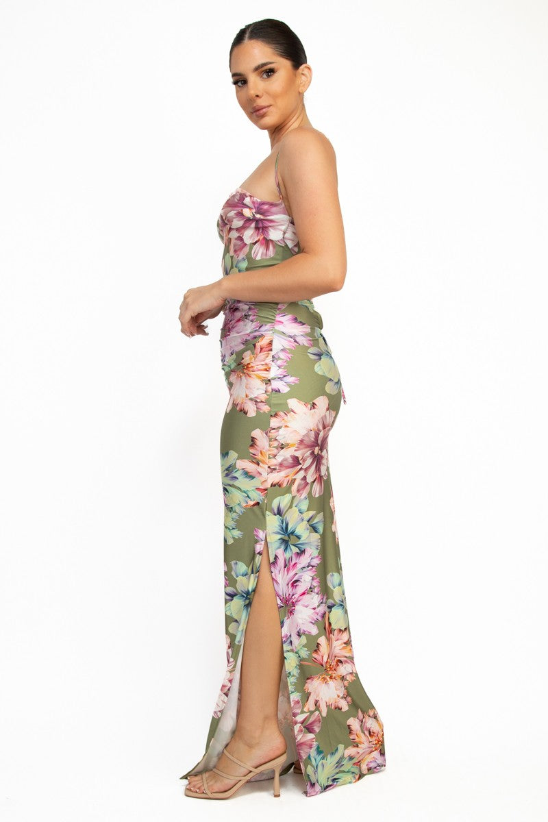 Lace-up Floral Slit Maxi Dress