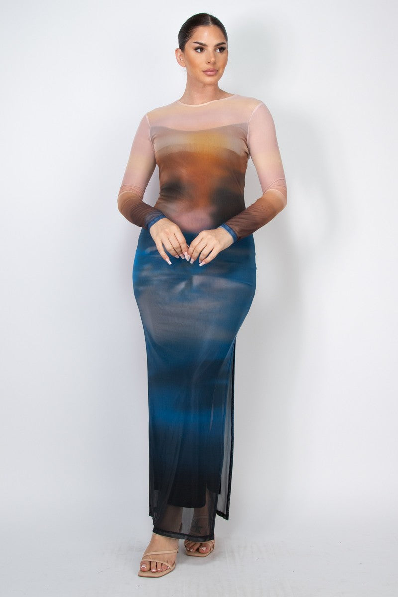 Two-layer Long Sleeve Mesh Ombre Dress