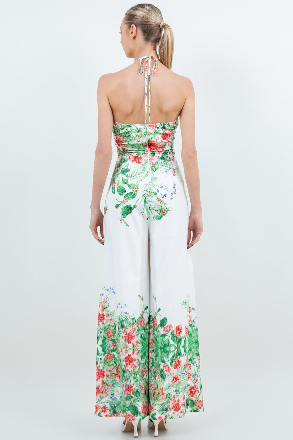 Tropical Floral X- Halter Open Back Zipper Jumsuit