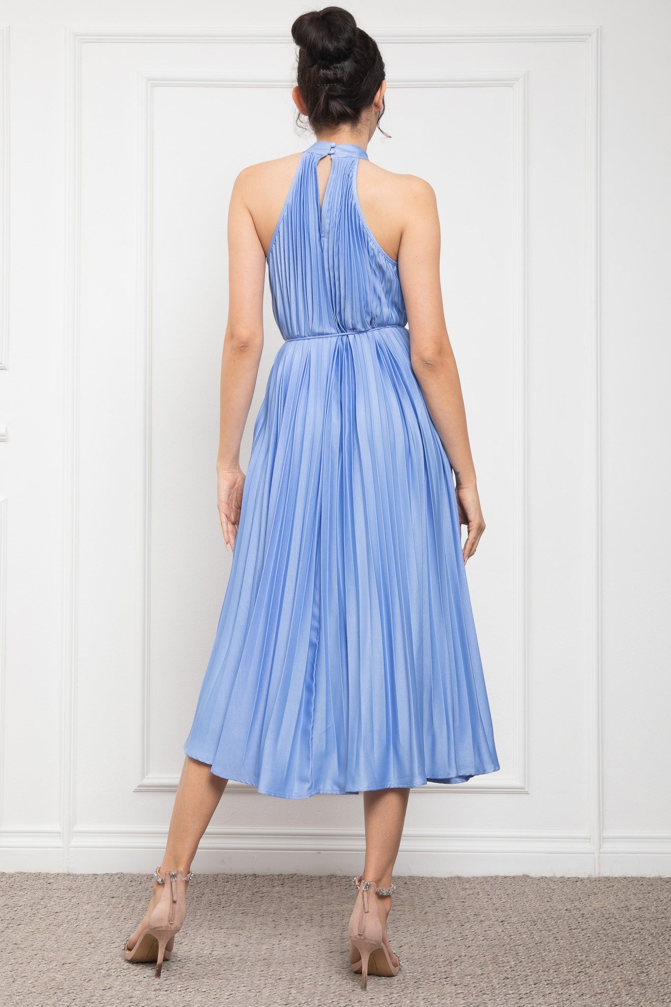 SOLID PLEATED WAIST BELT MOCK NECK MIDI DRESS