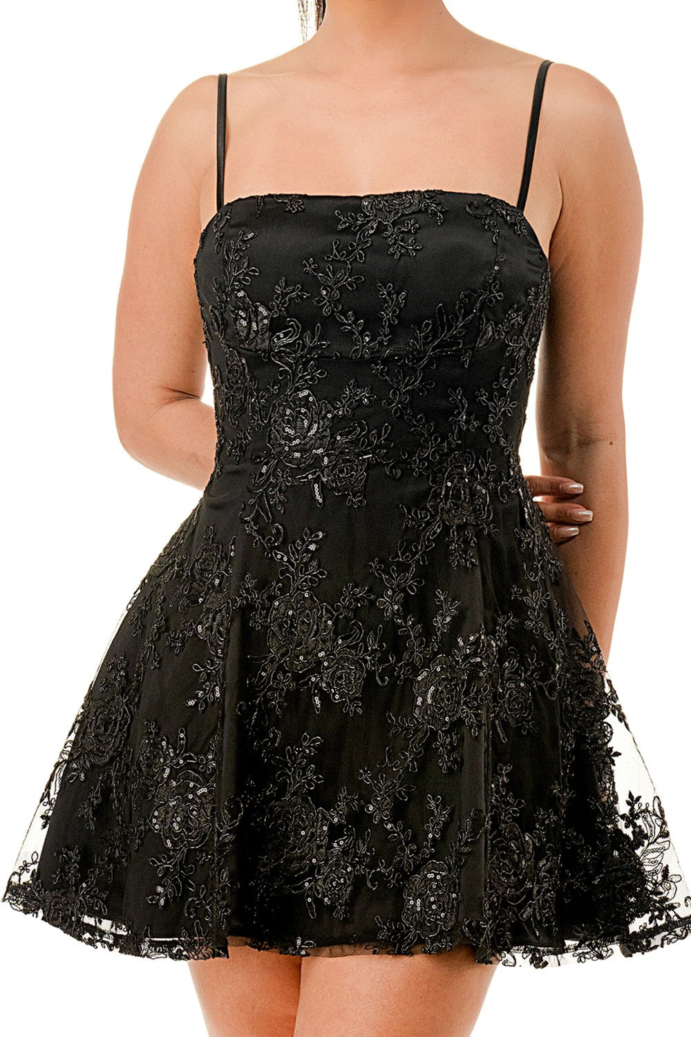 FLORAL EMBROIDERY SEQUIN A-LINE MINI DRESS