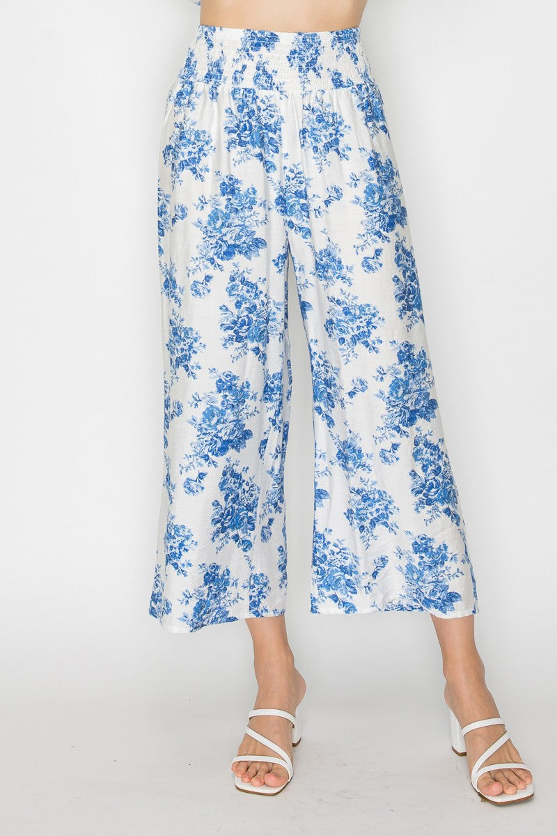 Floral Off-Shoulder Puff Crop Top & Smocked Elastic Tropical Pant Set