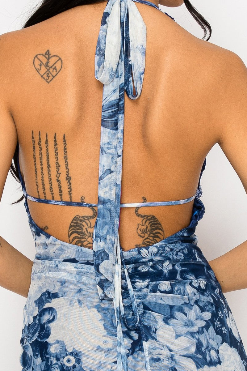 Lace Halter Side Slit Ruffle Midi Dress