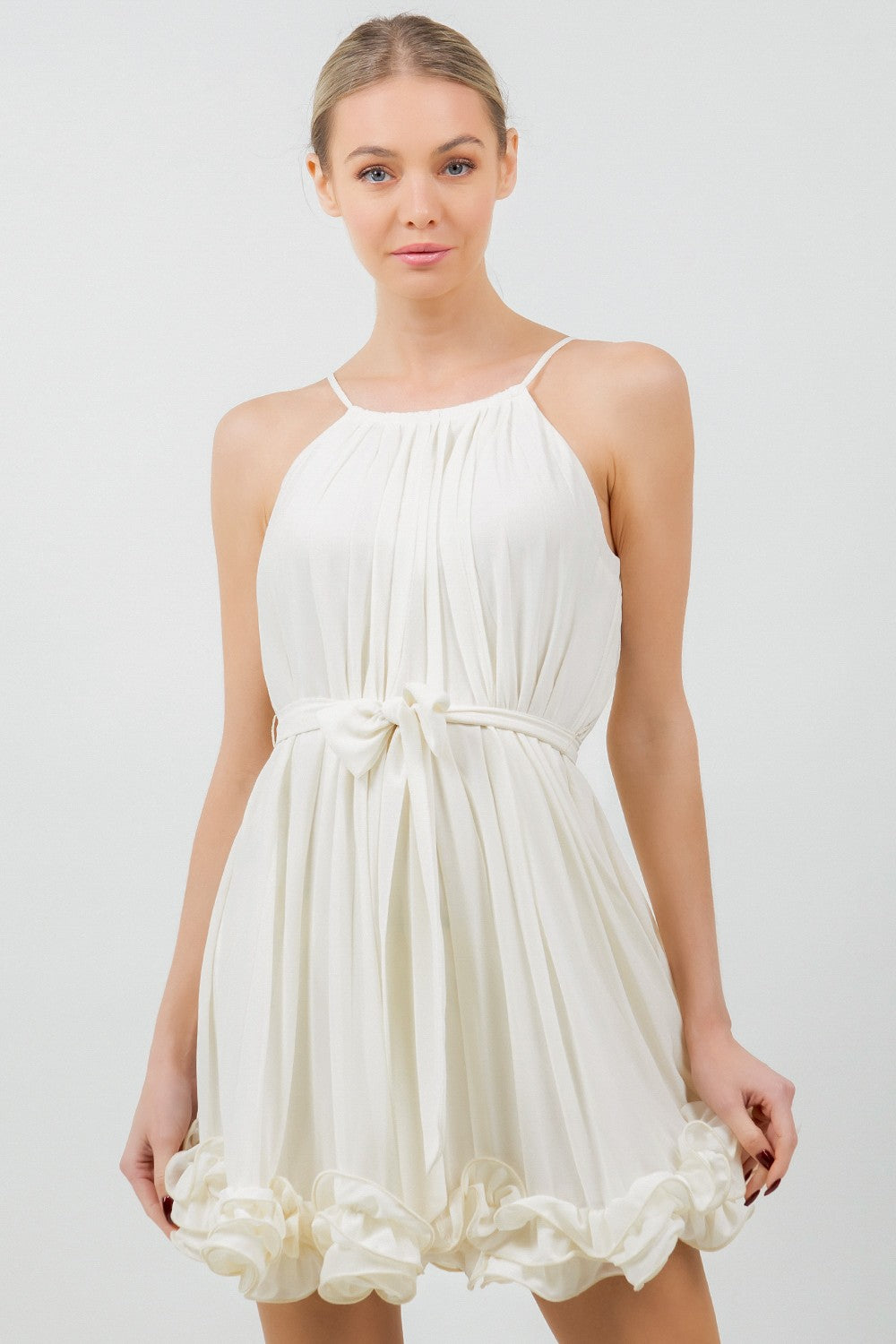 CHIFFON ALLOVER PLEATED TIE WAIST WIRED HEM DRESS
