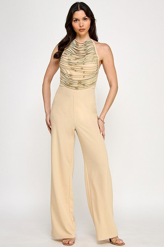 Halter Neck Jumpsuit With Self Cord String And Gold Ball Trim Detail