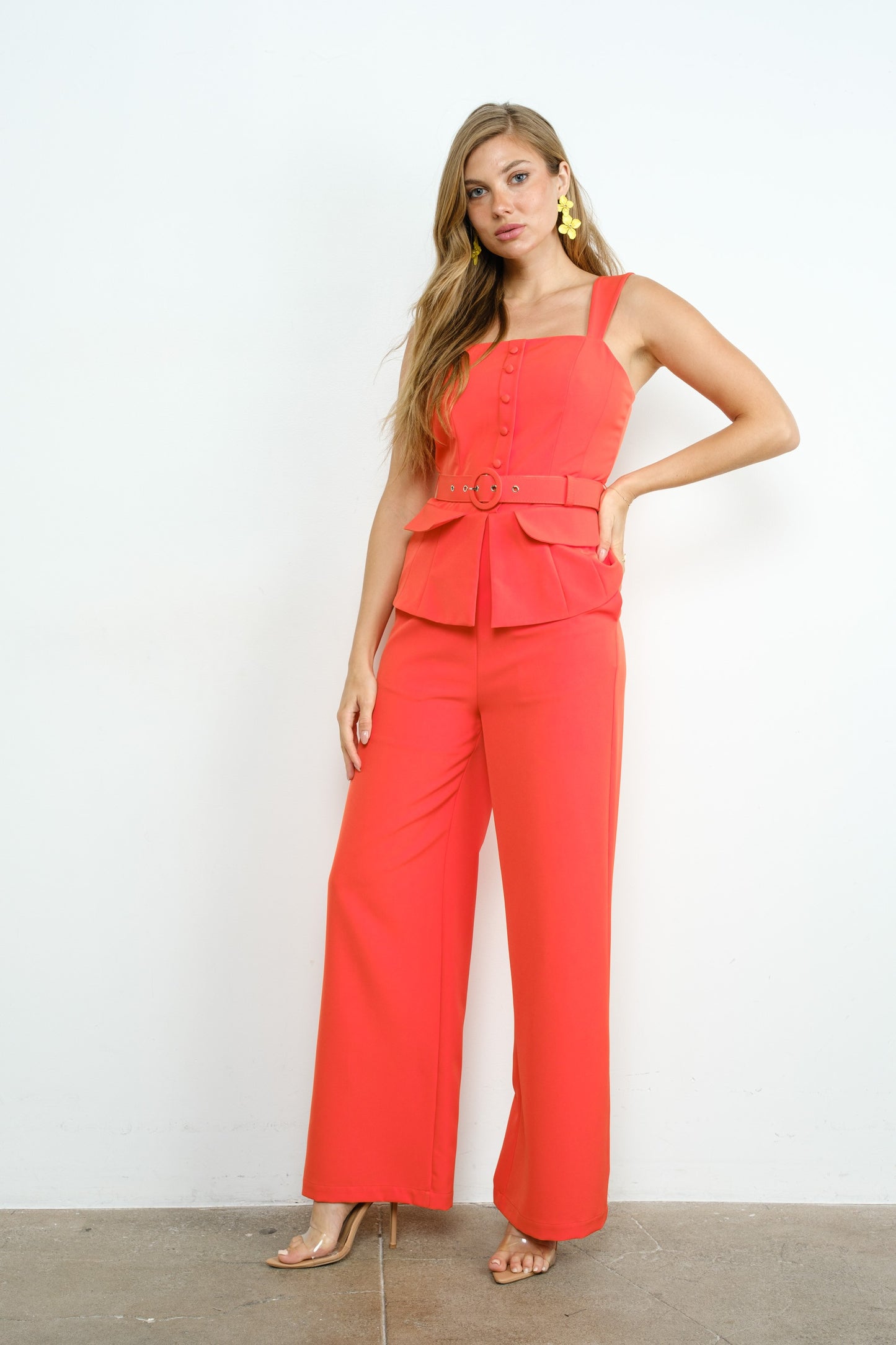 SLEEVELSS PEPLUM BELTED JUMPSUIT