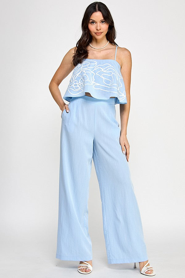 Square Neck Top with Contrast Embroidery and Wide Leg Pants Set