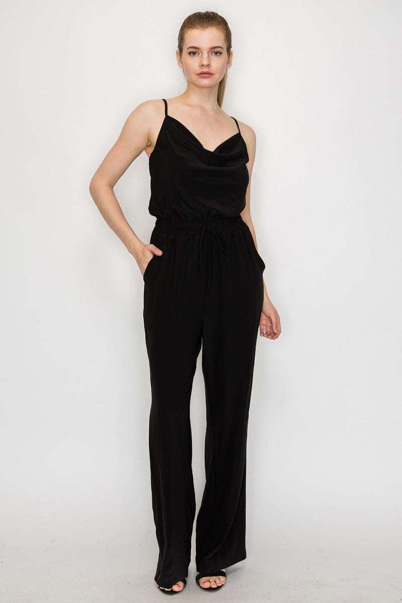 Elastic Waist Cowl Neck Casual Jumpsuit