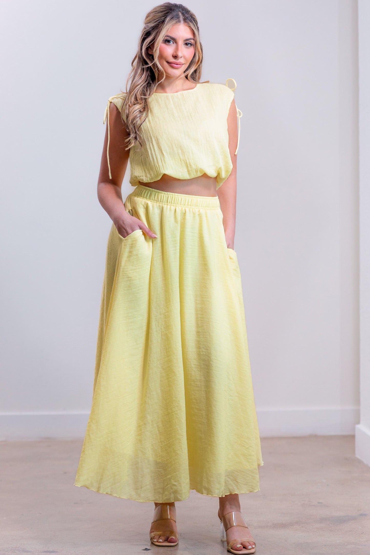SOLID LINEN GAUZE TOP AND SKIRT SET